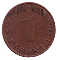 Монета 1 пфенниг. 1969 год (D), ФРГ. Дубовые листья. Монета 1 пфенниг. 1969 год (D), ФРГ. Дубовые листья.
