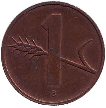 Монета 1 раппен. 1989 год, Швейцария.