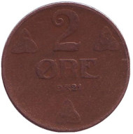 Монета 2 эре. 1921 год, Норвегия. Монета 2 эре. 1921 год, Норвегия.