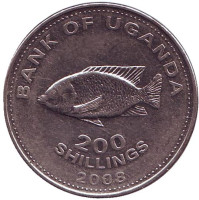 Рыба семейства "Цихлиды". Монета 200 шиллингов. 2008 год, Уганда. (магнитные)