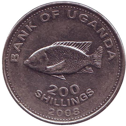 Монета 200 шиллингов. 2008 год, Уганда. (магнитные) Рыба семейства "Цихлиды".
