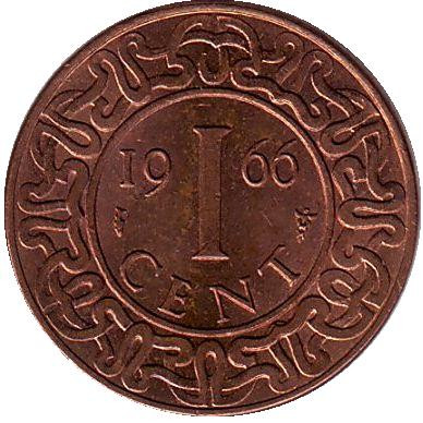 Монета 1 цент. 1966 год, Суринам.