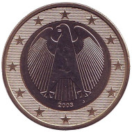 Монета 1 евро. 2003 год (J), Германия. Монета 1 евро. 2003 год (J), Германия.