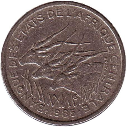 Монета 50 франков. 1985 год (D), Центральные Африканские штаты. Африканские антилопы. (Западные канны).
