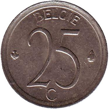 Монета 25 сантимов. 1964 год, Бельгия. (Belgie)