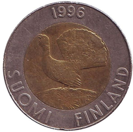 Монета 10 марок. 1996 год, Финляндия. Глухарь.