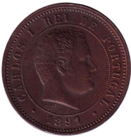 Монета 5 рейсов. 1891 год, Португалия. Монета 5 рейсов. 1891 год, Португалия.