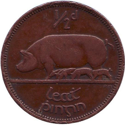 Монета 1/2 пенни, 1937 год, Ирландия. Свинья.