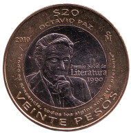 Монета 20 песо. 2010 год, Мексика. UNC. 20 лет присуждения Нобелевской премии по литературе Октавио Пасу. Монета 20 песо. 2010 год, Мексика. UNC. 20 лет присуждения Нобелевской премии по литературе Октавио Пасу.
