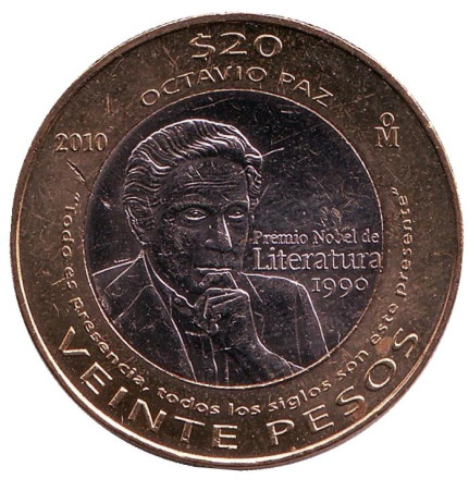 Монета 20 песо. 2010 год, Мексика. UNC. 20 лет присуждения Нобелевской премии по литературе Октавио Пасу.
