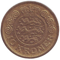 Монета 10 крон. 1993 год, Дания. 