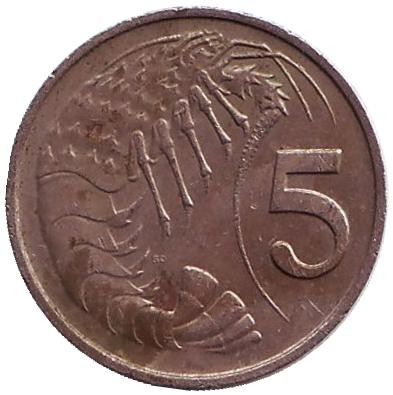 Монета 5 центов. 1977 год, Каймановы острова. Розово-пятнистая креветка.