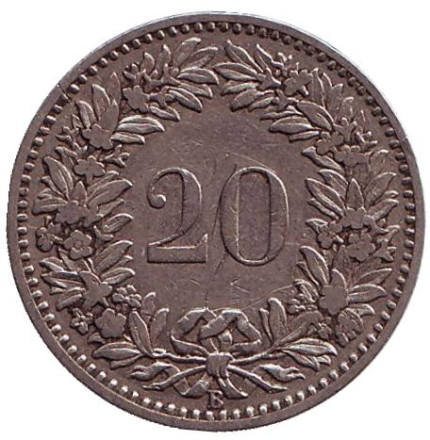 Монета 20 раппенов. 1894 год, Швейцария.
