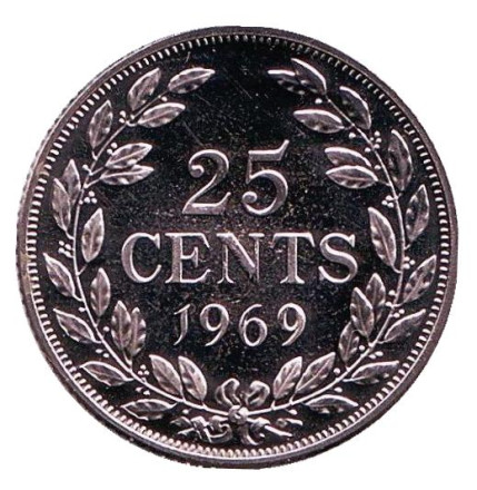 Монета 25 центов. 1969 год, Либерия. Proof.