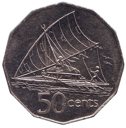 Монета 50 центов. 1996 год, Фиджи. Фиджийское каноэ Такиа (Каунитони).
