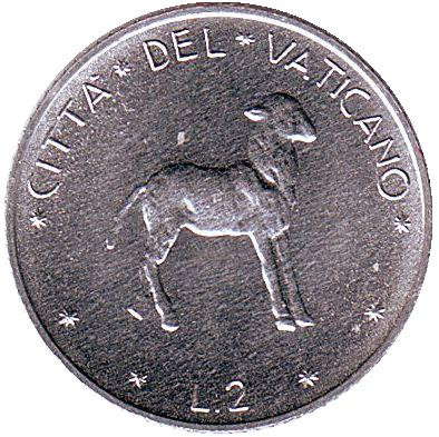Монета 2 лиры. 1972 год, Ватикан. Ягненок.
