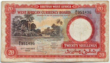 Банкнота 20 шиллингов. 1955 год, Британская Западная Африка.