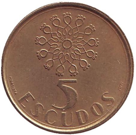Монета 5 эскудо. 1990 год, Португалия.