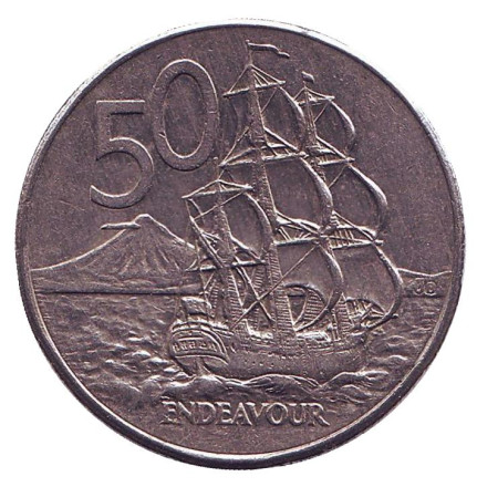 Монета 50 центов. 1986 год, Новая Зеландия. Парусник "Endeavour".