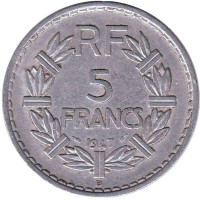 Монета 5 франков. 1947 год (B), Франция.