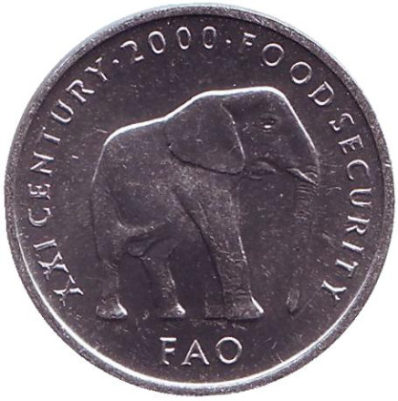 Монета 5 шиллингов. 2000 год, Сомали. ФАО. Слон.