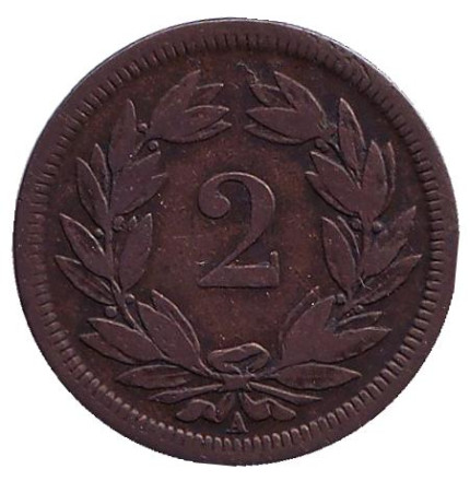 Монета 2 раппена. 1850 год, Швейцария.