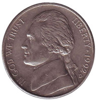 Монета 5 центов. 1992 год (D), США. Джефферсон. Монтичелло. Монета 5 центов. 1992 год (D), США. Джефферсон. Монтичелло.