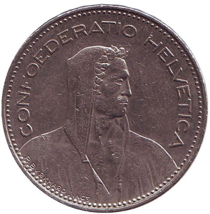 Монета 5 франков. 1996 год, Швейцария. Вильгельм Телль.