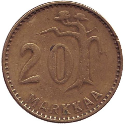 Монета 20 марок. 1954 год, Финляндия. Редкий тип.
