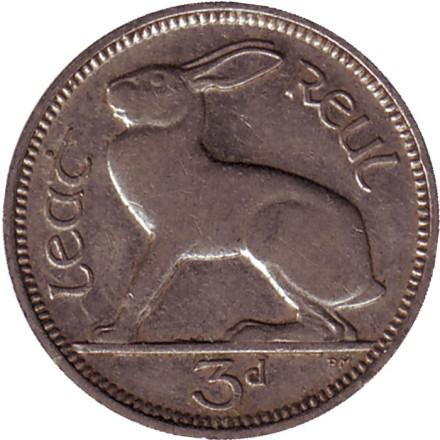 Монета 3 пенса. 1940 год, Ирландия. Заяц.