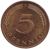 Дубовые листья. Монета 5 пфеннигов. 1996 год (D), ФРГ.