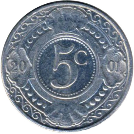 Монета 5 центов, 2001 год, Нидерландские Антильские острова. Цветок апельсинового дерева.