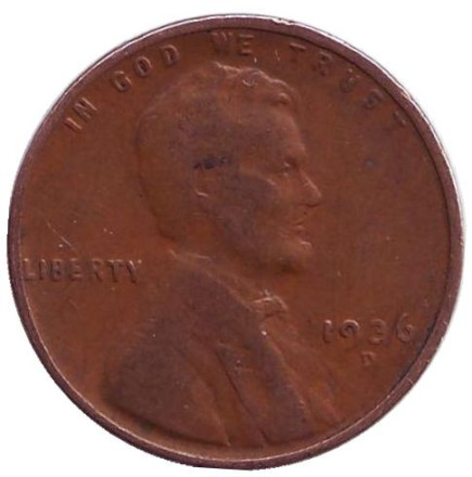 Монета 1 цент. 1936 год (D), США. Линкольн.