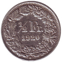 Монета 1/2 франка. 1920 год, Швейцария.
