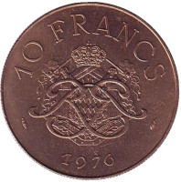 Князь Монако Ренье III. Монета 10 франков. 1976 год, Монако.