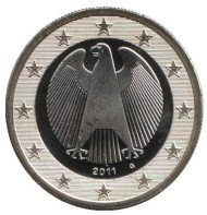 Монета 1 евро. 2011 год (G), Германия. Монета 1 евро. 2011 год (G), Германия.