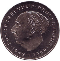 Теодор Хойс. Монета 2 марки. 1979 год (J), ФРГ. UNC.