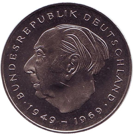 Монета 2 марки. 1979 год (J), ФРГ. UNC. Теодор Хойс.