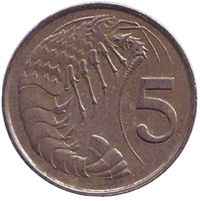 Монета 5 центов. 1982 год, Каймановы острова. Розово-пятнистая креветка.