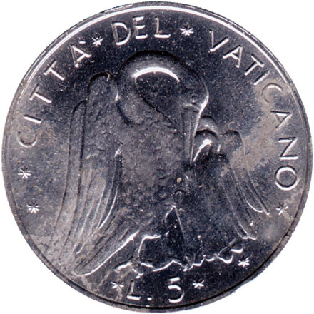 Монета 5 лир. 1972 год, Ватикан. Пеликан.