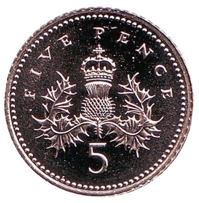 Монета 5 пенсов. 1991 год, Великобритания. BU.