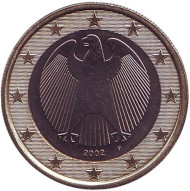 Монета 1 евро. 2002 год (F), Германия. Монета 1 евро. 2002 год (F), Германия.