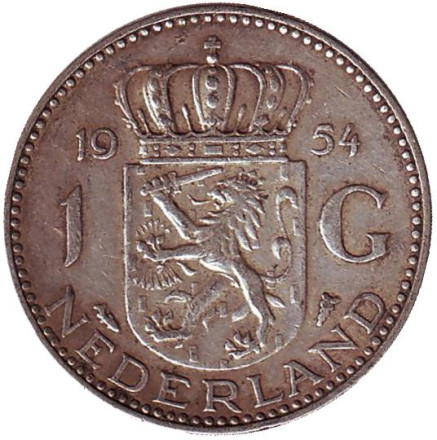 Монета 1 гульден. 1954 год, Нидерланды.