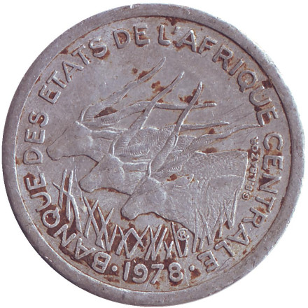 Монета 1 франк. 1978 год, Центральные Африканские Штаты. VF Африканские антилопы.