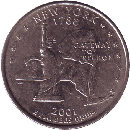 Монета 25 центов (D). 2001 год, США. Нью-Йорк. Штат № 11.