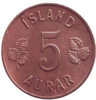 Монета 5 аураров. 1958 год, Исландия.