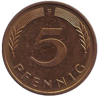 Дубовые листья. Монета 5 пфеннигов. 1996 год (F), ФРГ.