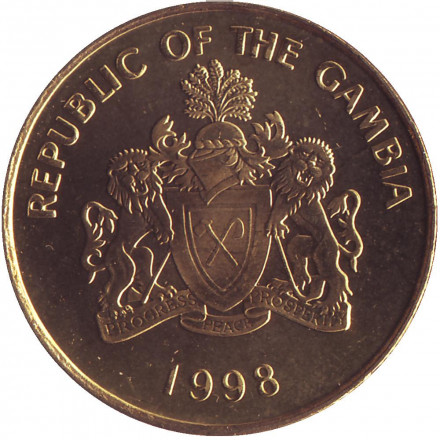 Монета 10 бутутов. 1998 год, Гамбия. Турач (франколин). Монета 10 бутутов. 1998 год, Гамбия. Турач (франколин).