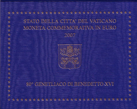 Монета 2 евро. 2007 год, Ватикан. (в буклете) 80 лет со дня рождения Папы Римского Бенедикта XVI.