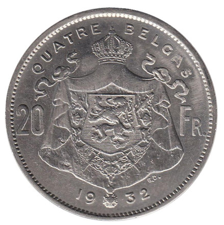 Монета 20 франков. 1932 год, Бельгия. (Des Belges) Король Альберт I.